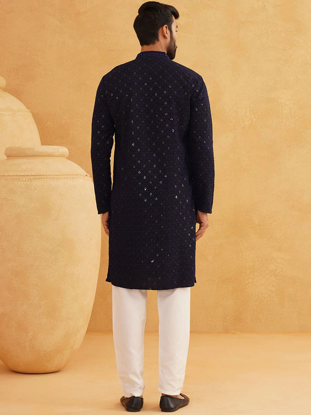 SOJANYA Geometric Embroidered Mandarin Collar Sequinned Pure Cotton Kurta with Churidar - Image 6