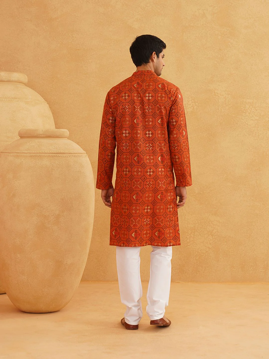 SOJANYA Men Orange Printed Cotton Linen Kurta with Churidar - Image 6
