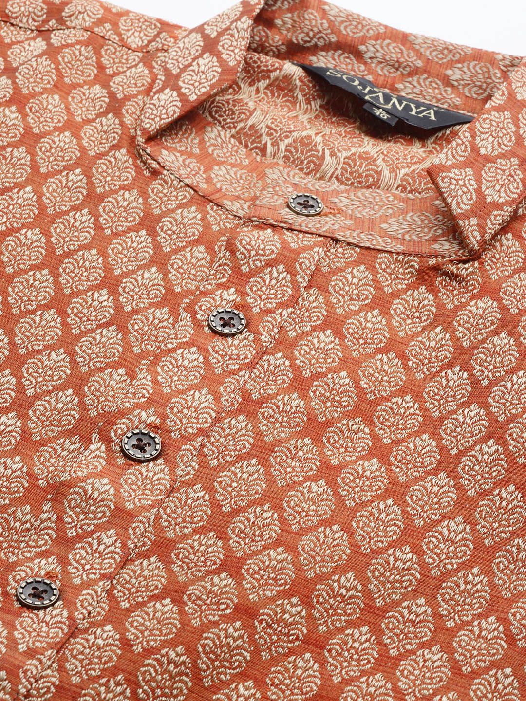 SOJANYA Men Rust Orange & Cream-Coloured Jacquard Woven Design Kurta with Churidar - Image 2