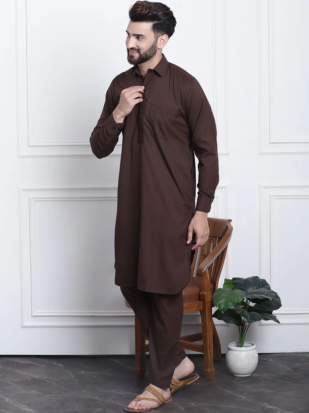 SOJANYA Shirt Collar Curved Hem Pathani Kurta with Salwar - Image 4