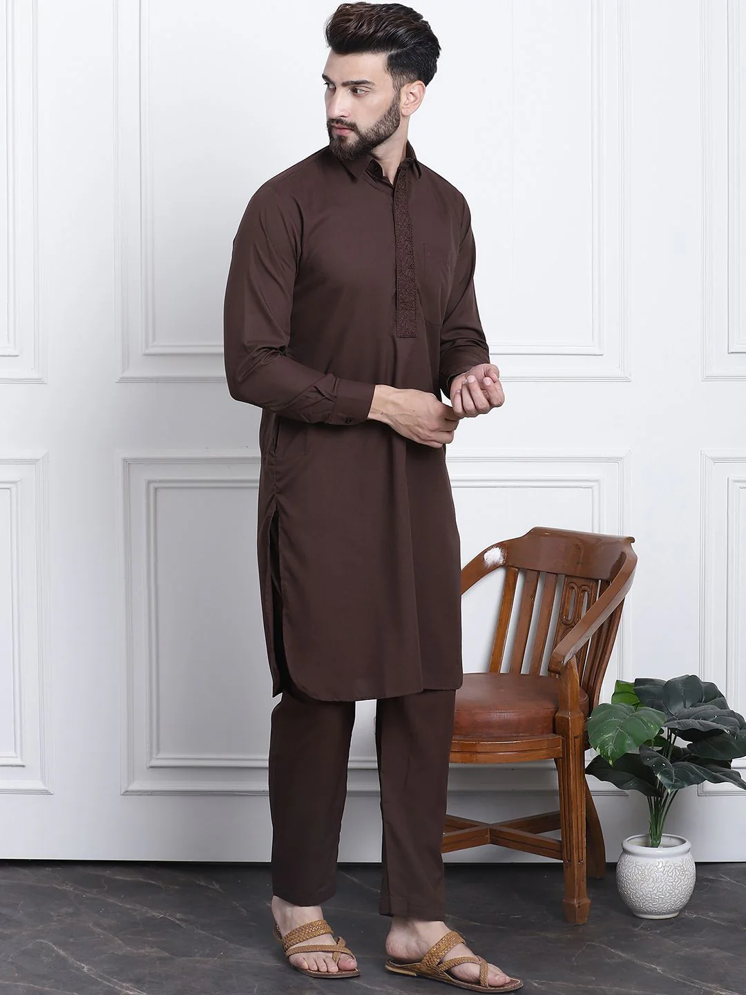 SOJANYA Shirt Collar Curved Hem Pathani Kurta with Salwar - Image 5