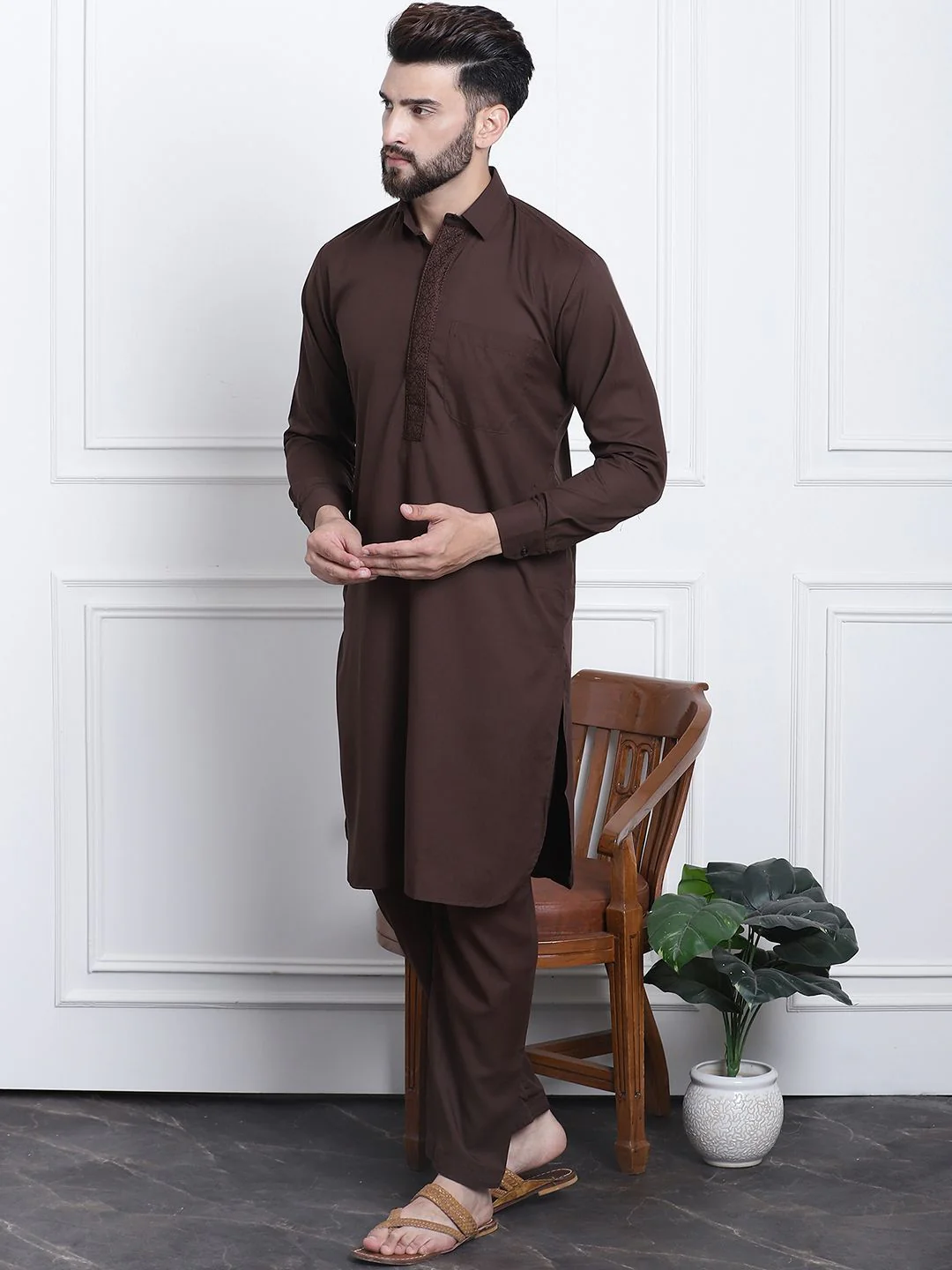 SOJANYA Shirt Collar Curved Hem Pathani Kurta with Salwar - Image 7