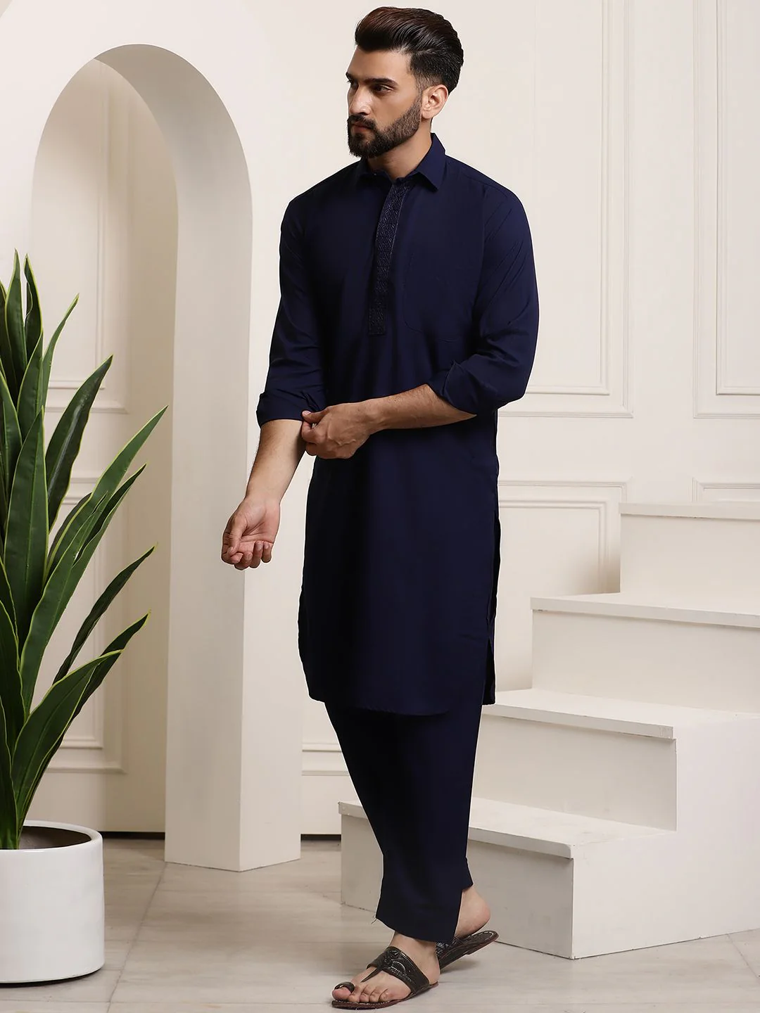 SOJANYA Shirt Collar Curved Hem Pathani Kurta with Salwar - Image 4