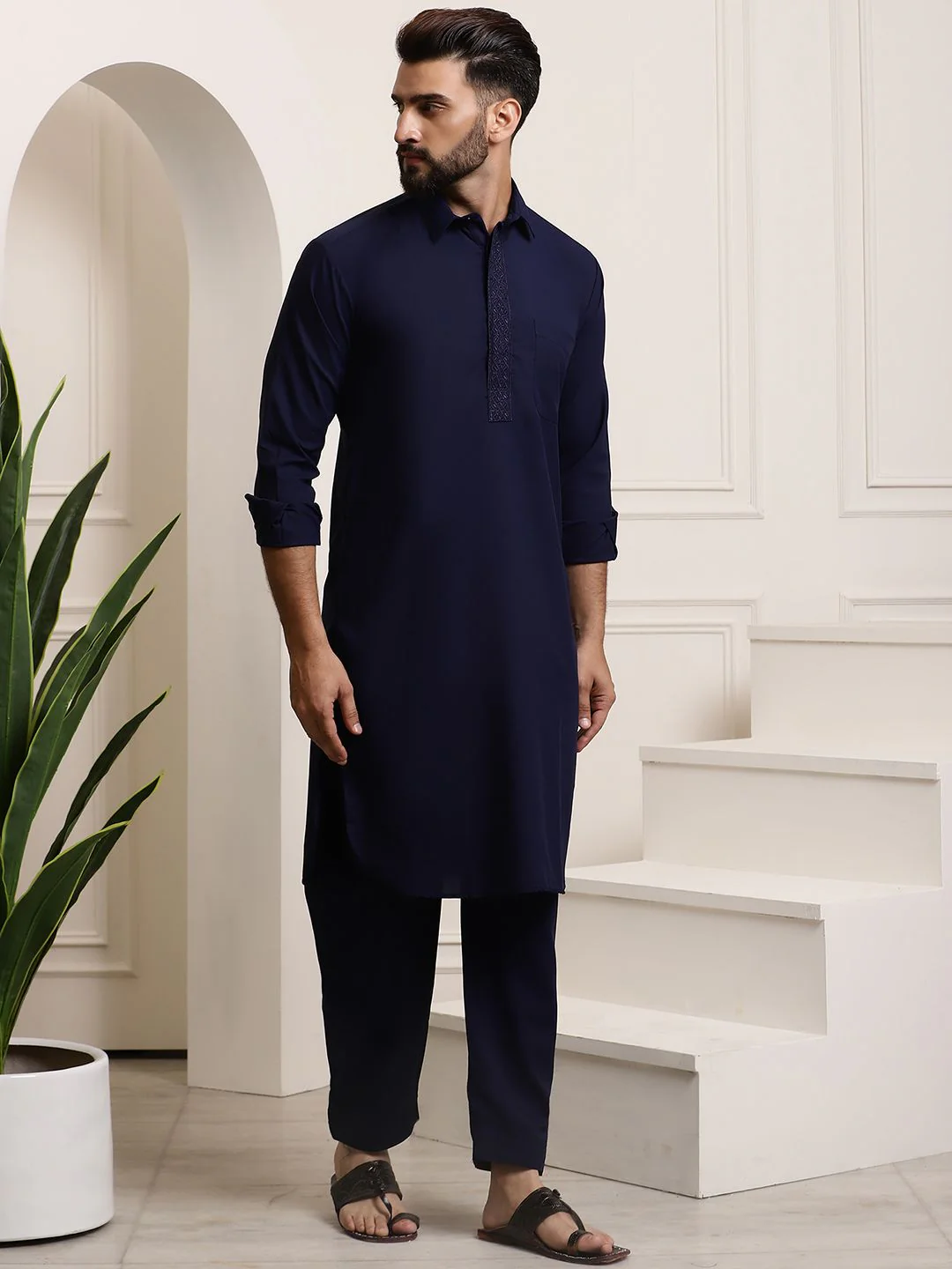 SOJANYA Shirt Collar Curved Hem Pathani Kurta with Salwar - Image 5