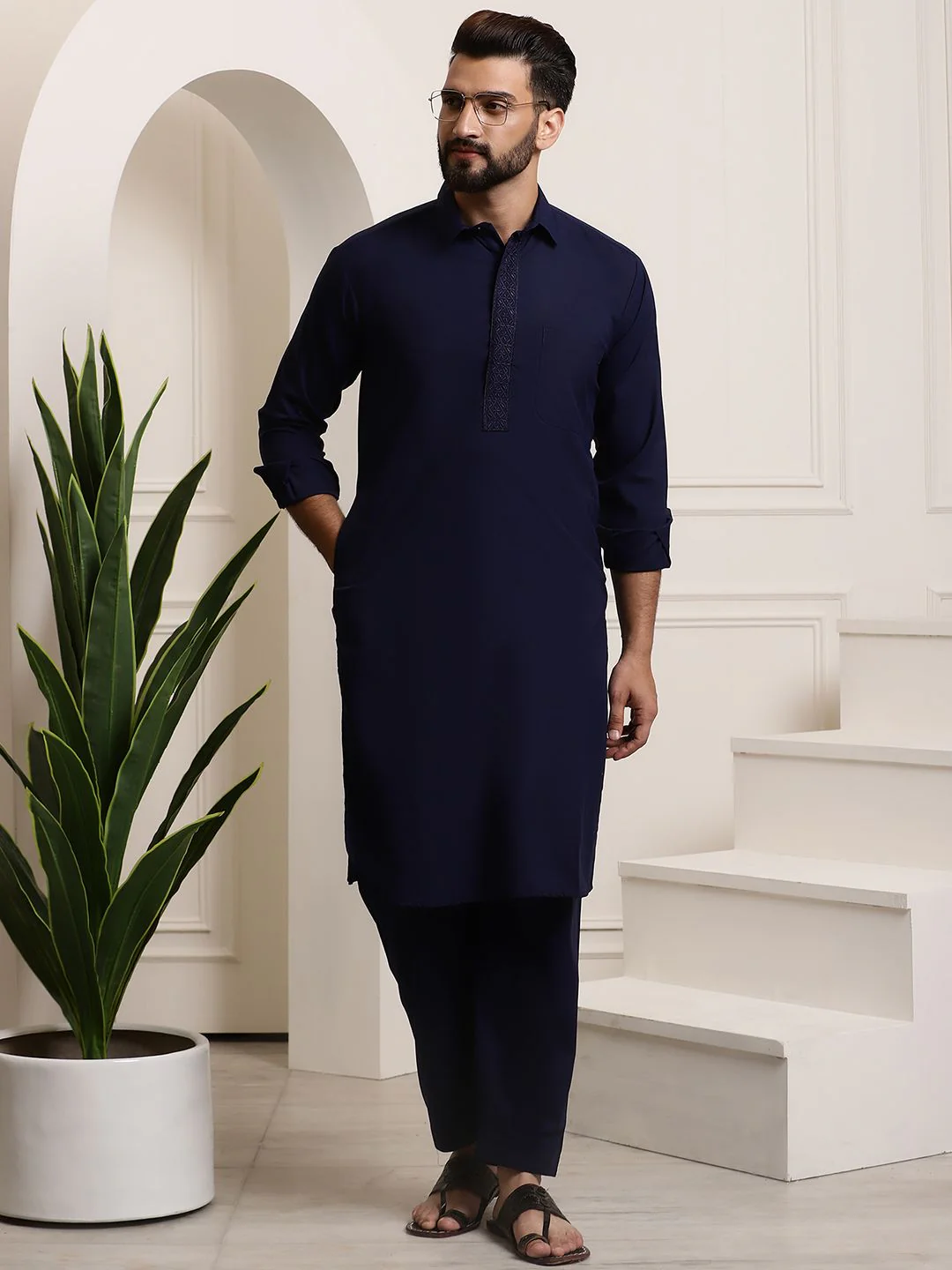 SOJANYA Shirt Collar Curved Hem Pathani Kurta with Salwar - Image 7