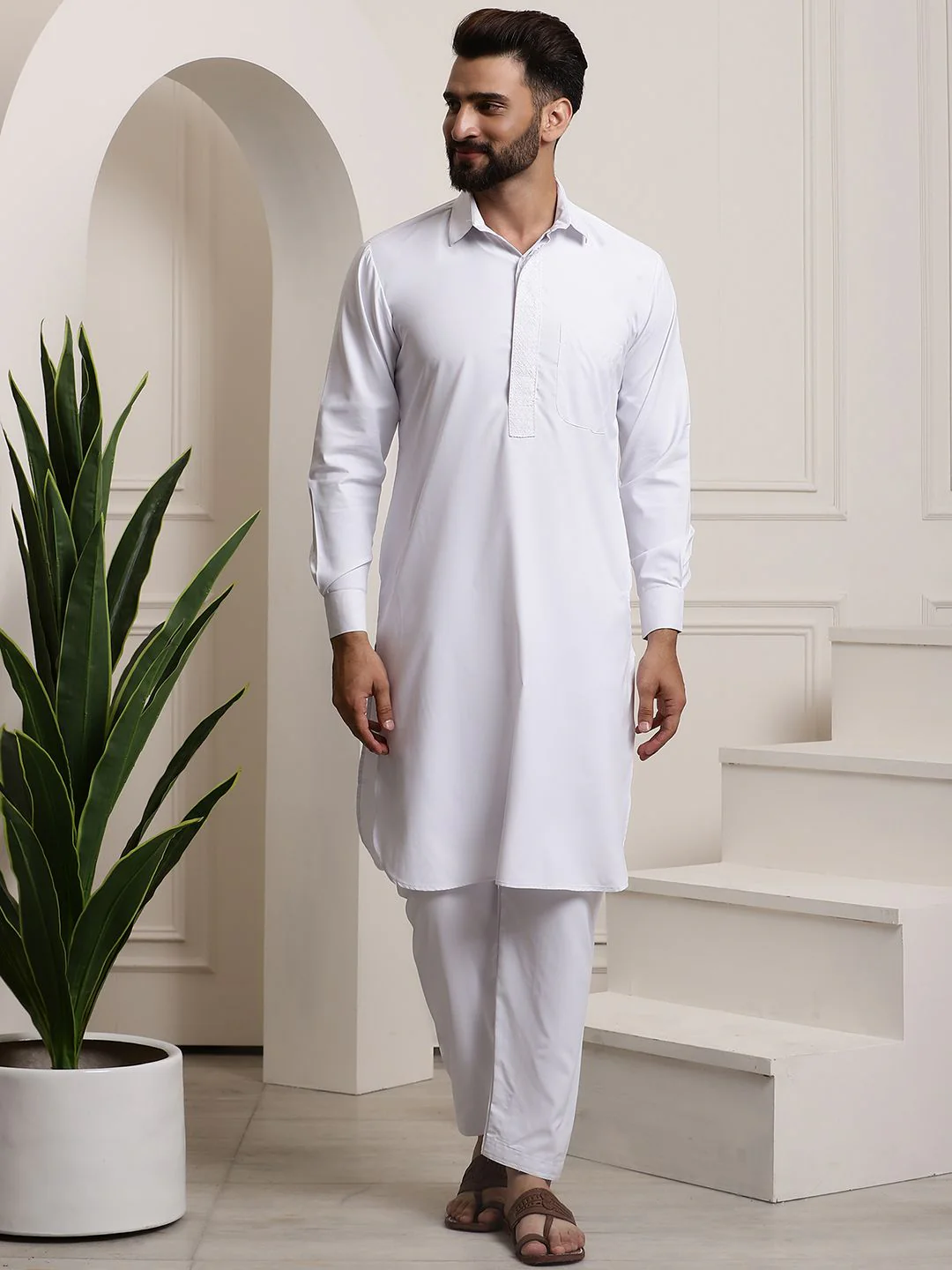SOJANYA Shirt Collar Curved Hem Pathani Kurta with Salwar