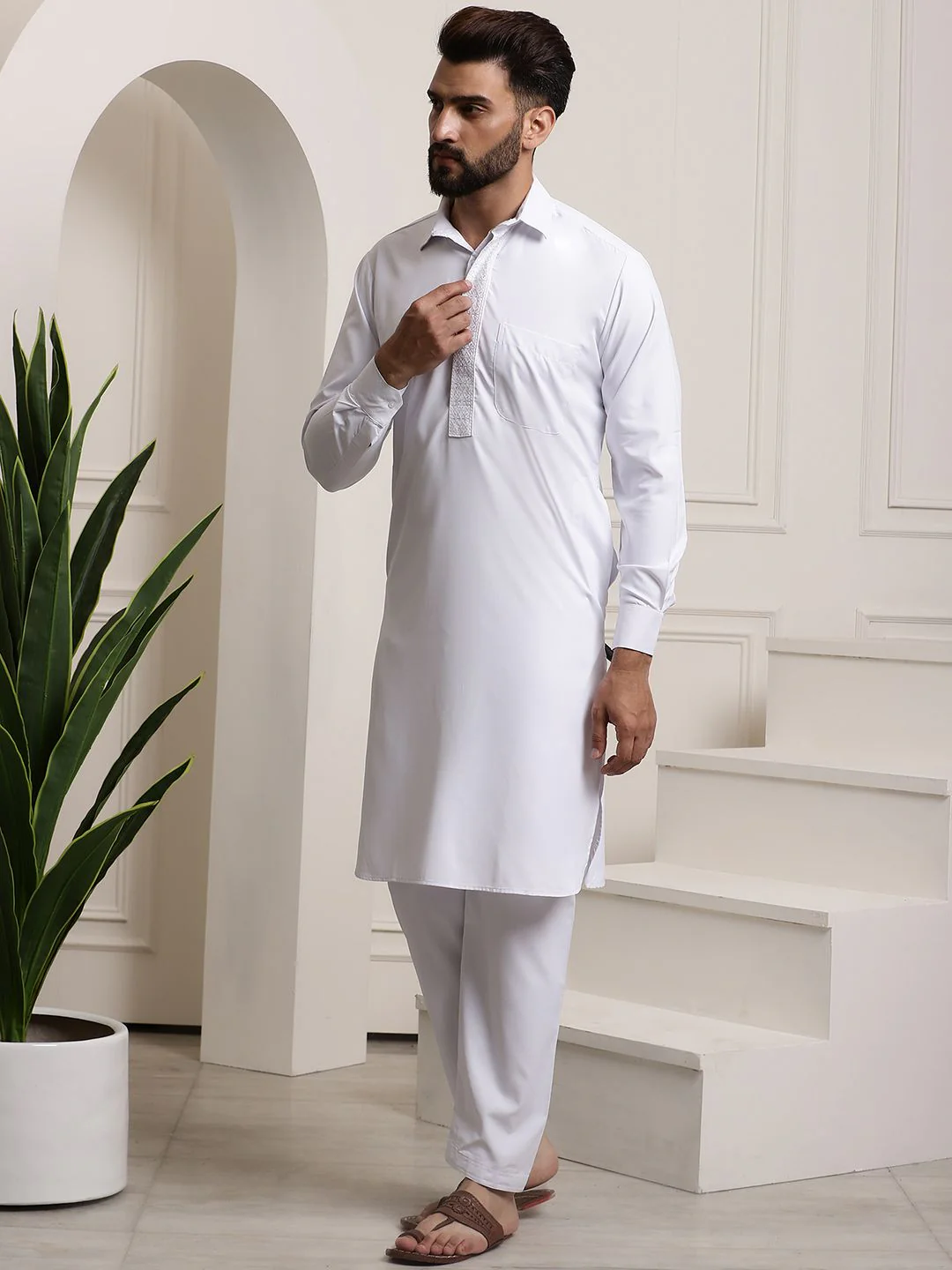 SOJANYA Shirt Collar Curved Hem Pathani Kurta with Salwar - Image 4