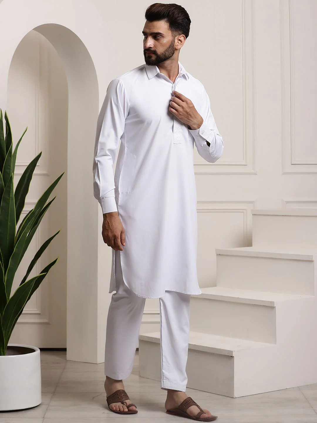 SOJANYA Shirt Collar Curved Hem Pathani Kurta with Salwar - Image 5