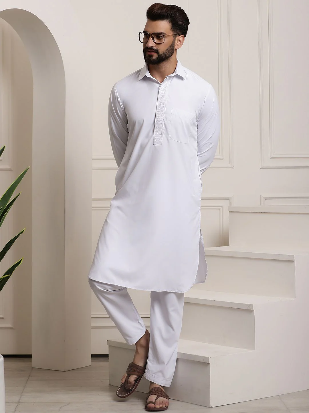 SOJANYA Shirt Collar Curved Hem Pathani Kurta with Salwar - Image 7