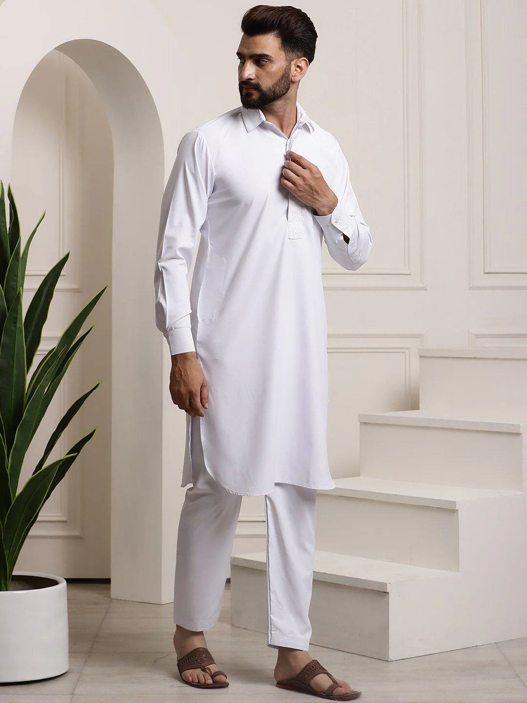 SOJANYA Shirt Collar Pure Cotton Pathani Kurta With Salwar - Image 5