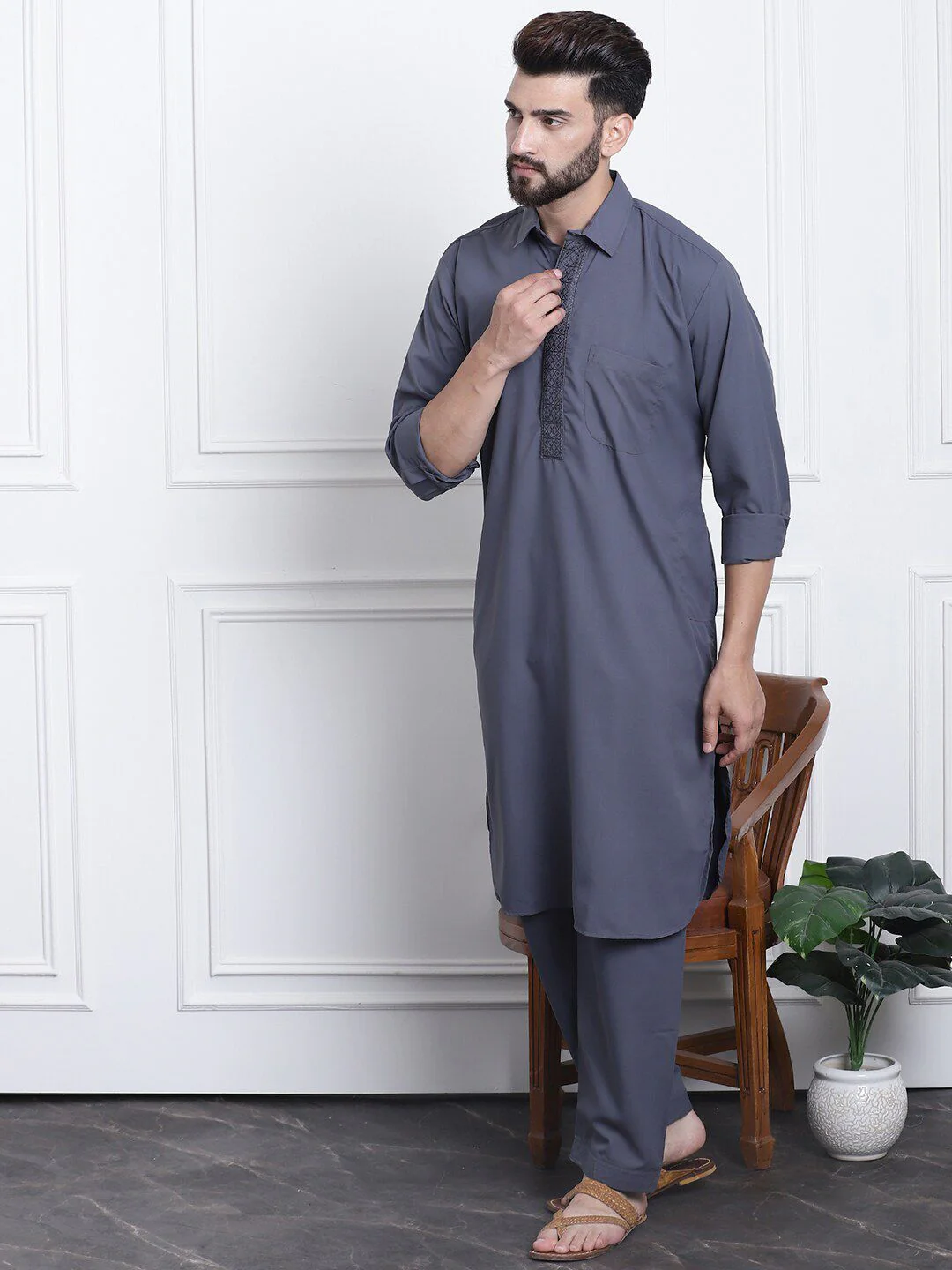 SOJANYA Shirt Collar Thread Work Pathani Pure Cotton Kurta with Salwar - Image 4