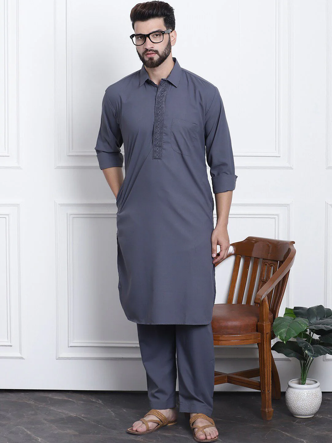 SOJANYA Shirt Collar Thread Work Pathani Pure Cotton Kurta with Salwar - Image 7