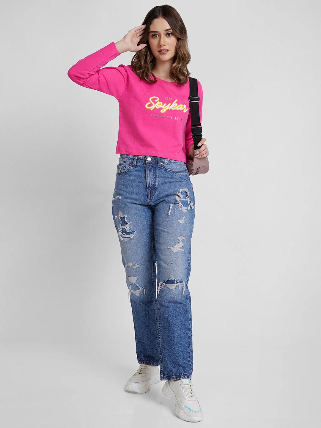 SPYKAR Boxy Fit Round Neck Typography Printed Crop Cotton Pullover Sweatshirt - Image 6
