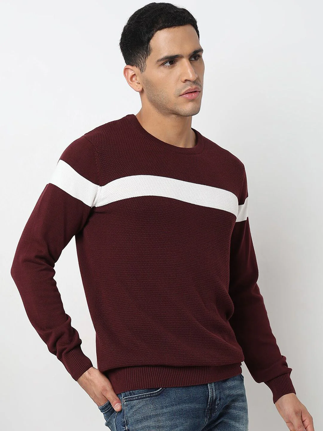 SPYKAR Colourblocked Round Neck Long Sleeves Cotton Pullover Sweater - Image 3