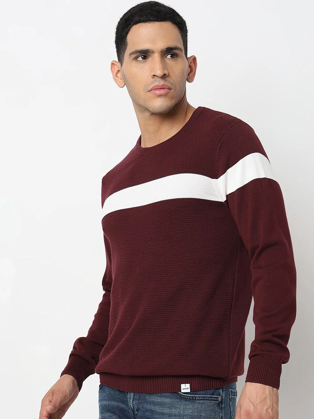 SPYKAR Colourblocked Round Neck Long Sleeves Cotton Pullover Sweater - Image 5