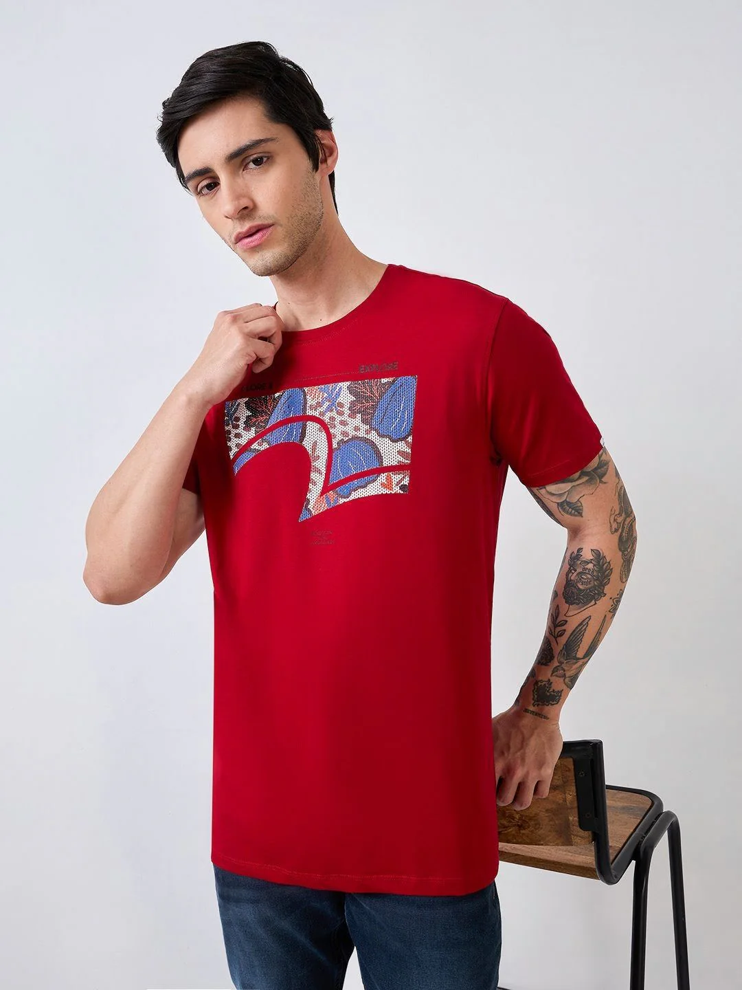 SPYKAR Men Biker Applique Slim Fit T-shirt - Image 7
