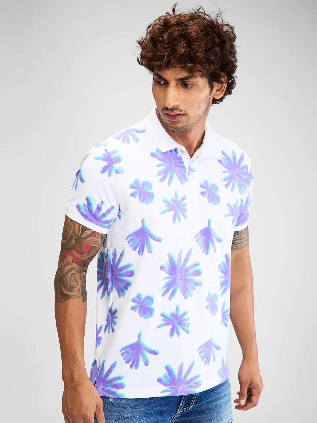 SPYKAR Men Floral Printed Polo Collar Tropical Slim Fit T-shirt - Image 3