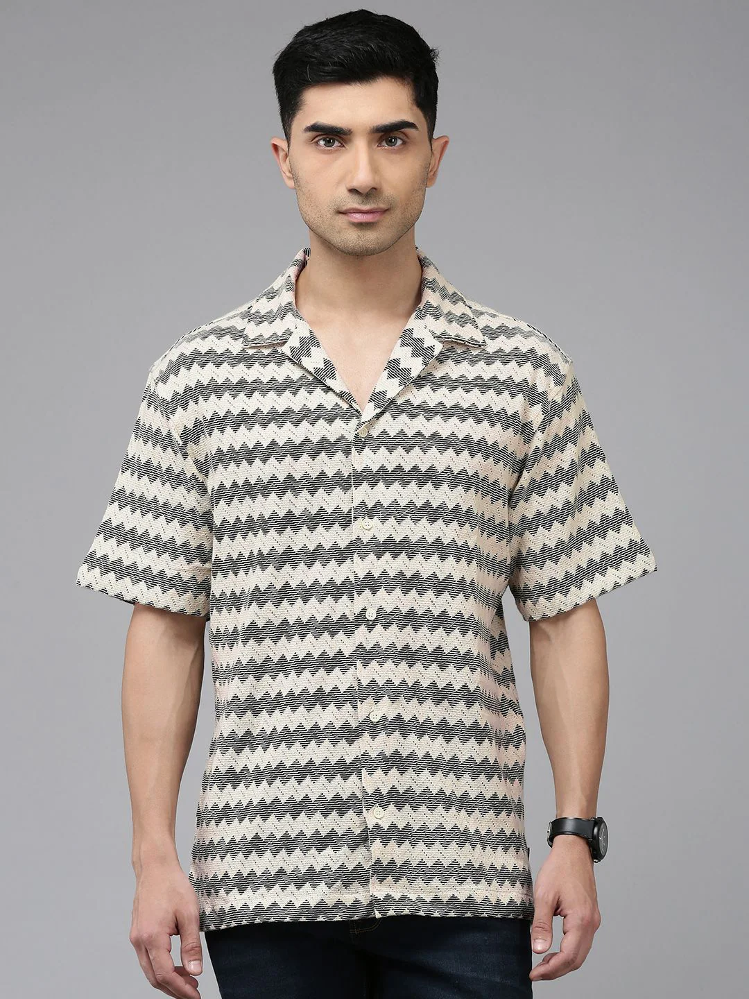 SPYKAR Self Design Textured Knitted Cuban Collar Relaxed Fit Casual  Shirt - Image 3