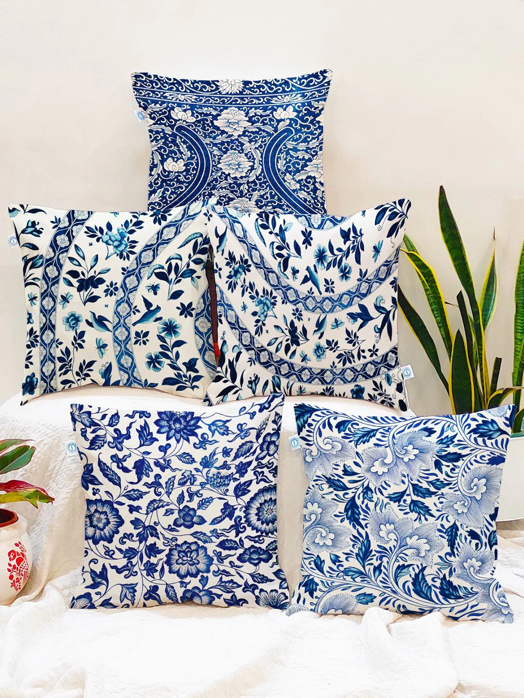 STITCHNEST Set of 5 Blue & Off White Ethnic Motifs 16'' x 16'' Cushion Cover