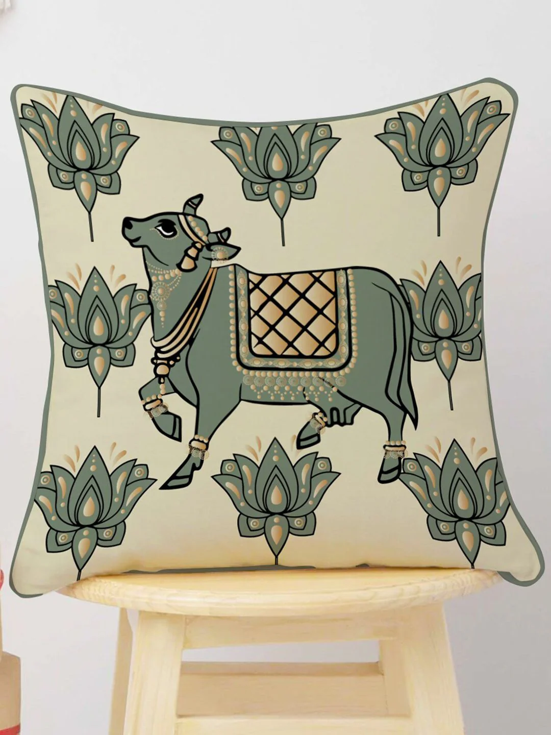 STITCHNEST Cream & Olive Green Set of 5 Ethnic Motifs Velvet Square Cushion Covers - Image 3