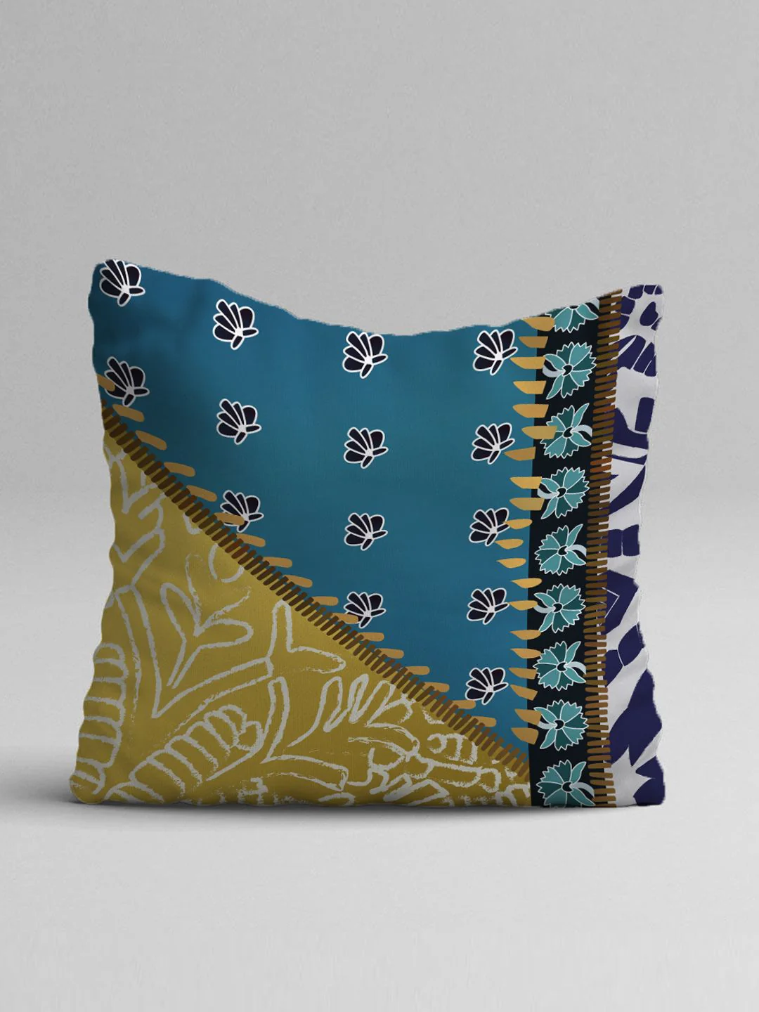 STITCHNEST Set of 5 Blue & Mustard Ethnic Motifs 16'' x 16'' Cushion Cover - Image 3