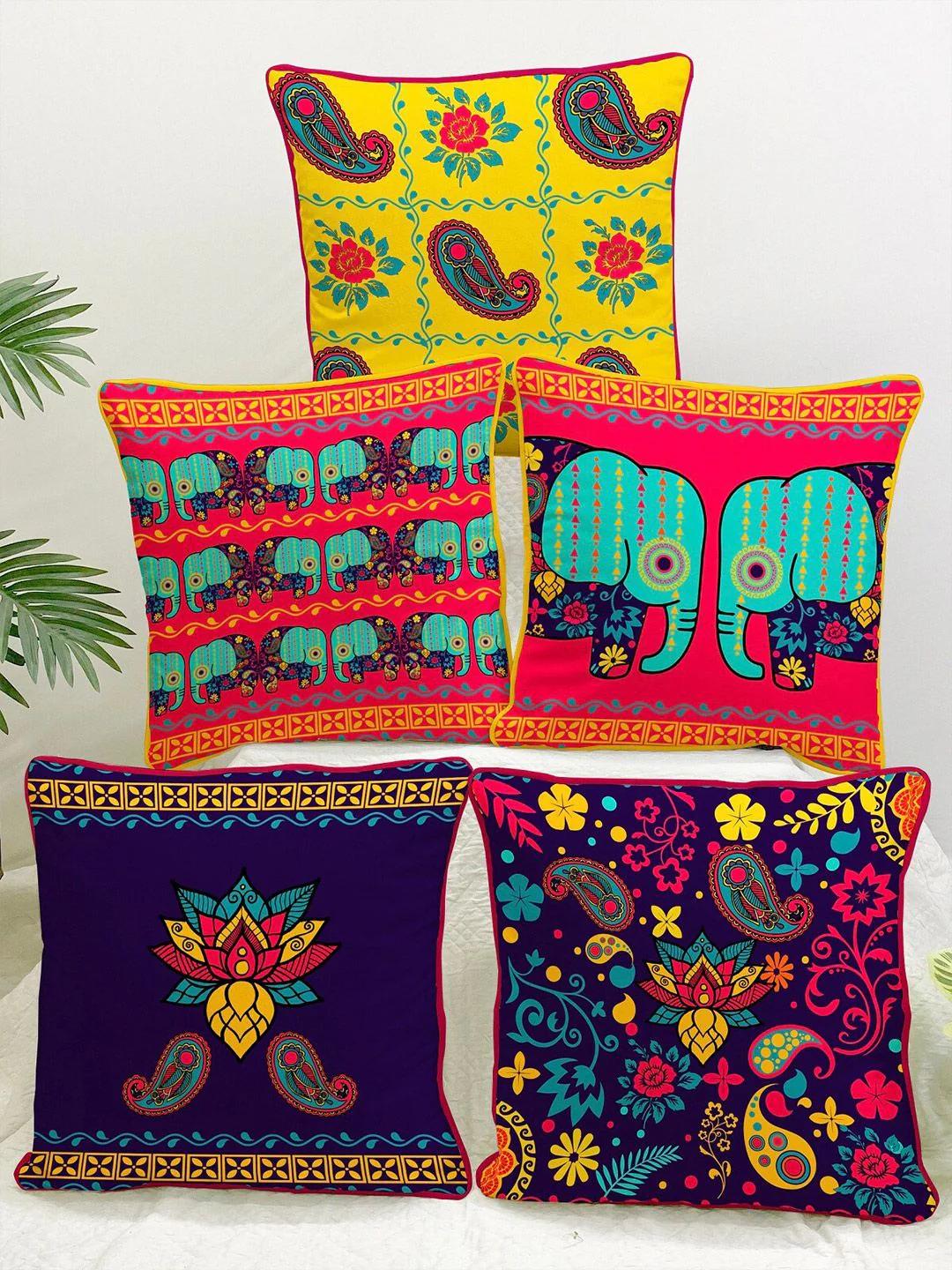 STITCHNEST Yellow & Blue Set of 5 Ethnic Motifs Velvet Square Cushion Covers
