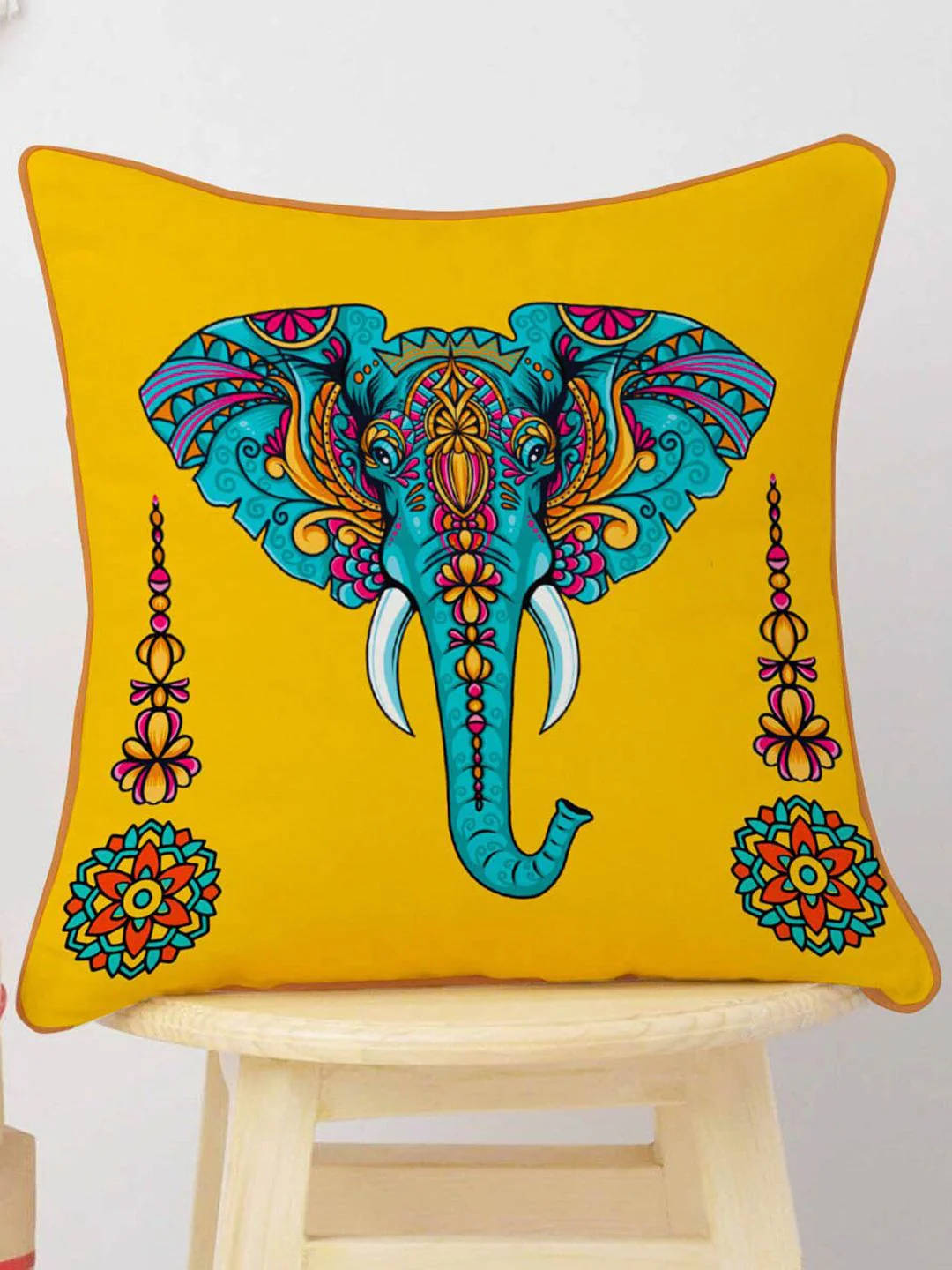 STITCHNEST Yellow & Blue Set of 5 Ethnic Motifs Velvet Square Cushion Covers - Image 3