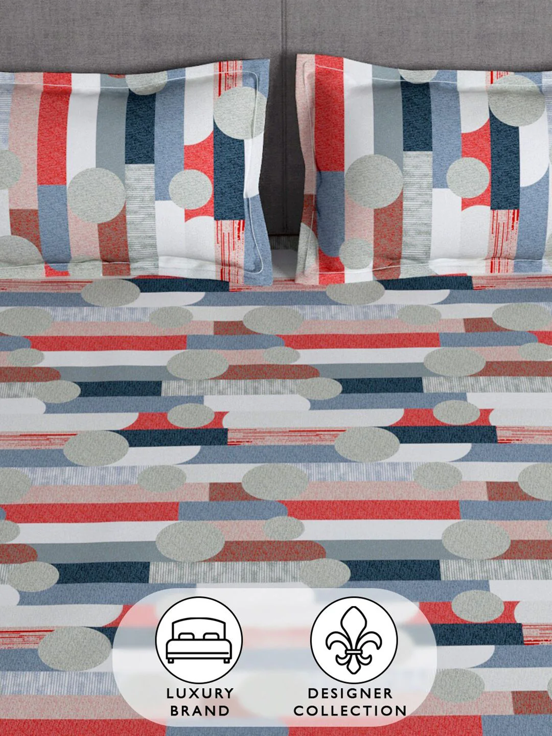 Story@home Grey & Red Geometric 180 TC Queen Bedsheet with 2 Pillow Covers - Image 3