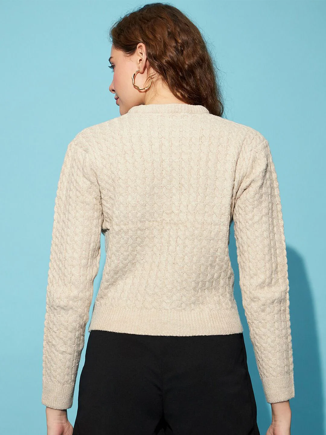 STREET 9 Beige Cable Knit Round Neck Long Sleeves Acrylic Cardigan Sweater - Image 5