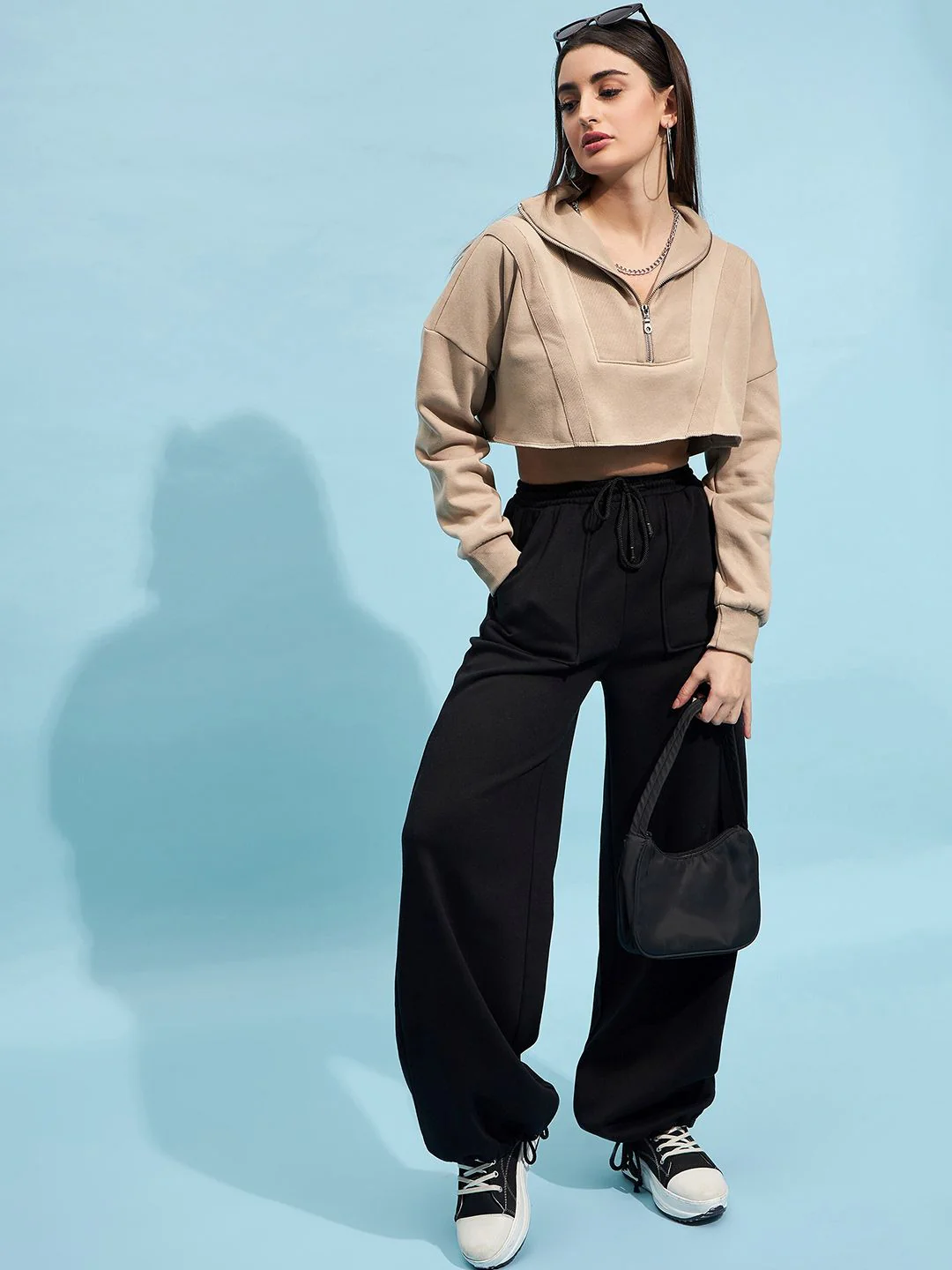 STREET 9 Beige Mock Collar Crop Pure Cotton Sweatshirt - Image 4