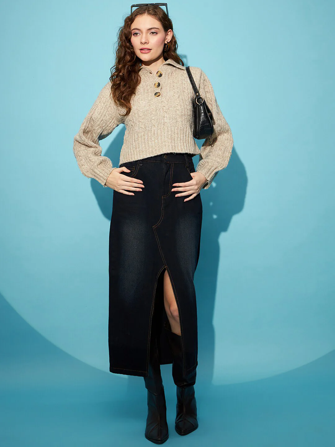 STREET 9 Beige Ribbed Cable knit Shirt Collar Acrylic Crop Pullover Sweater - Image 4
