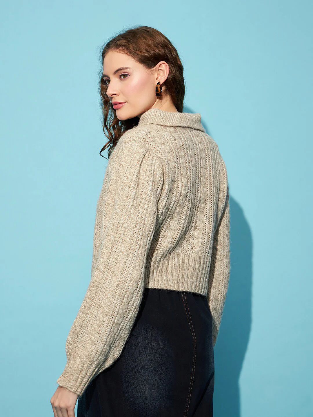 STREET 9 Beige Ribbed Cable knit Shirt Collar Acrylic Crop Pullover Sweater - Image 5