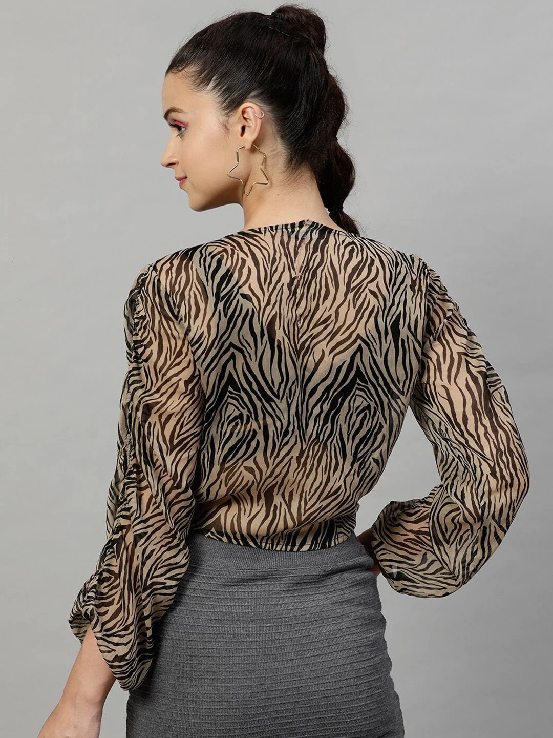 Street 9 Black & Beige Animal Printed Flared Sleeves Chiffon Blouson Crop Top - Image 5