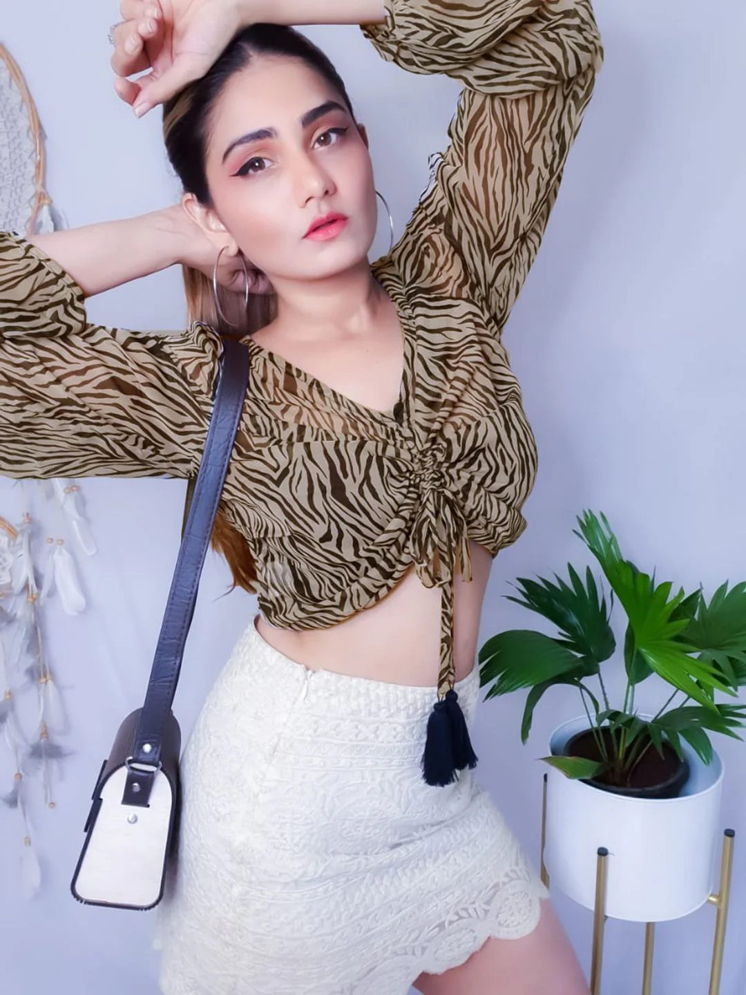 Street 9 Black & Beige Animal Printed Flared Sleeves Chiffon Blouson Crop Top - Image 6