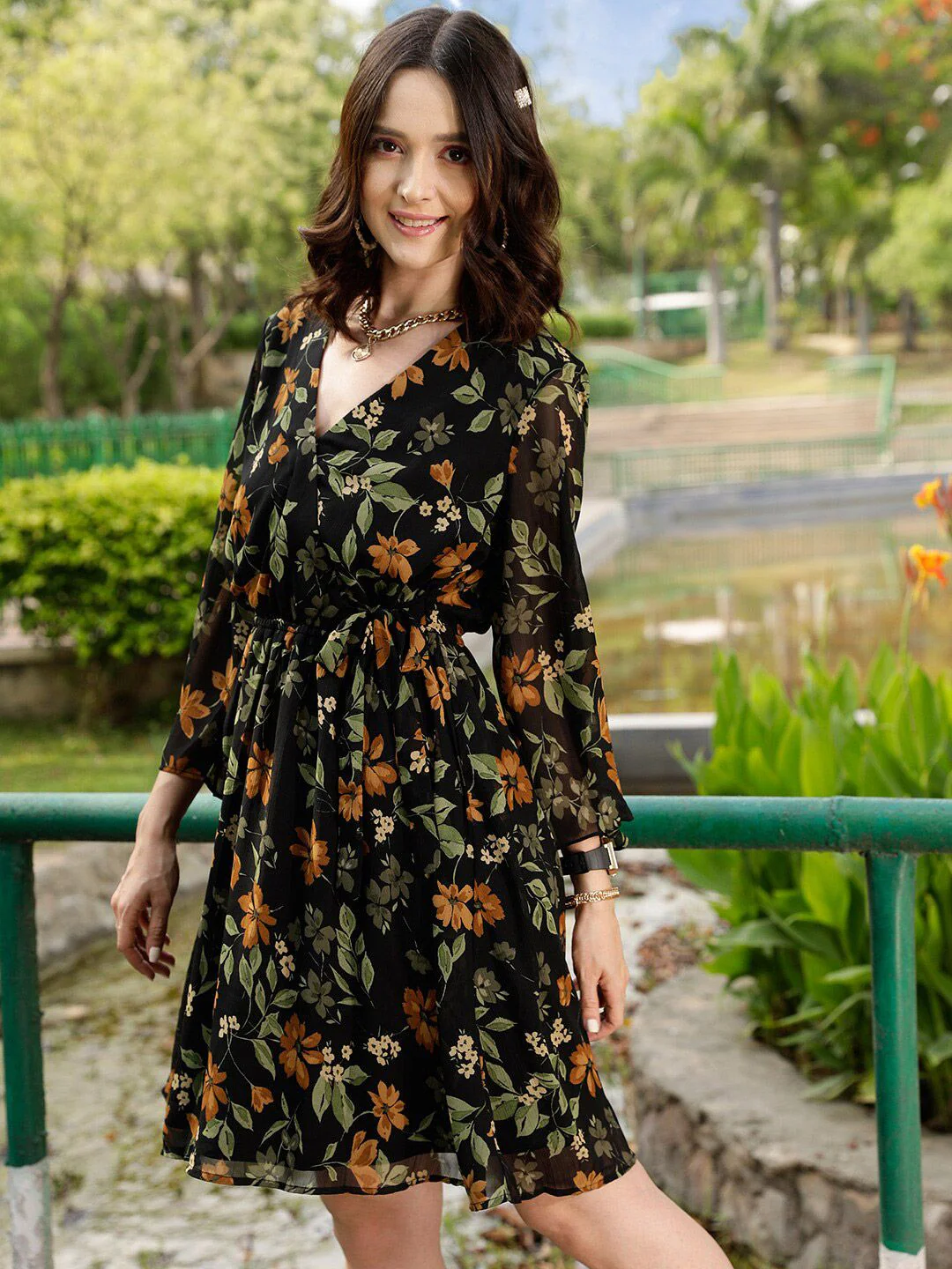 STREET 9 Black & Green Floral Printed Wrap Dress - Image 3