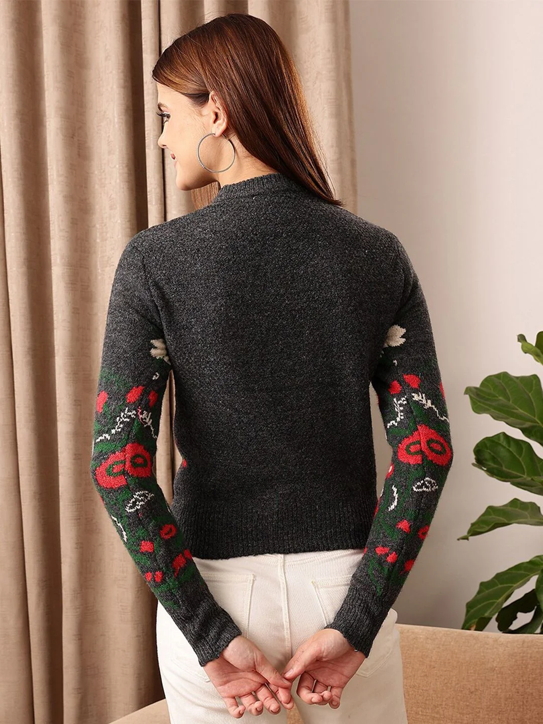 STREET 9 Black & Red Floral Self Design Pullover - Image 5