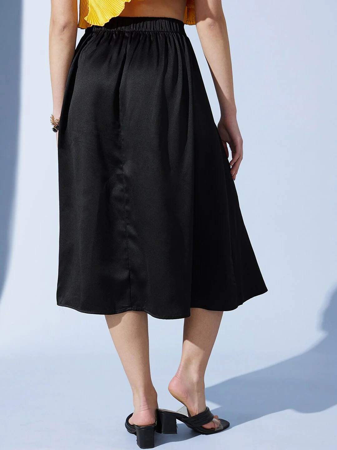 STREET 9 Black Satin A-Line Midi Skirt - Image 3