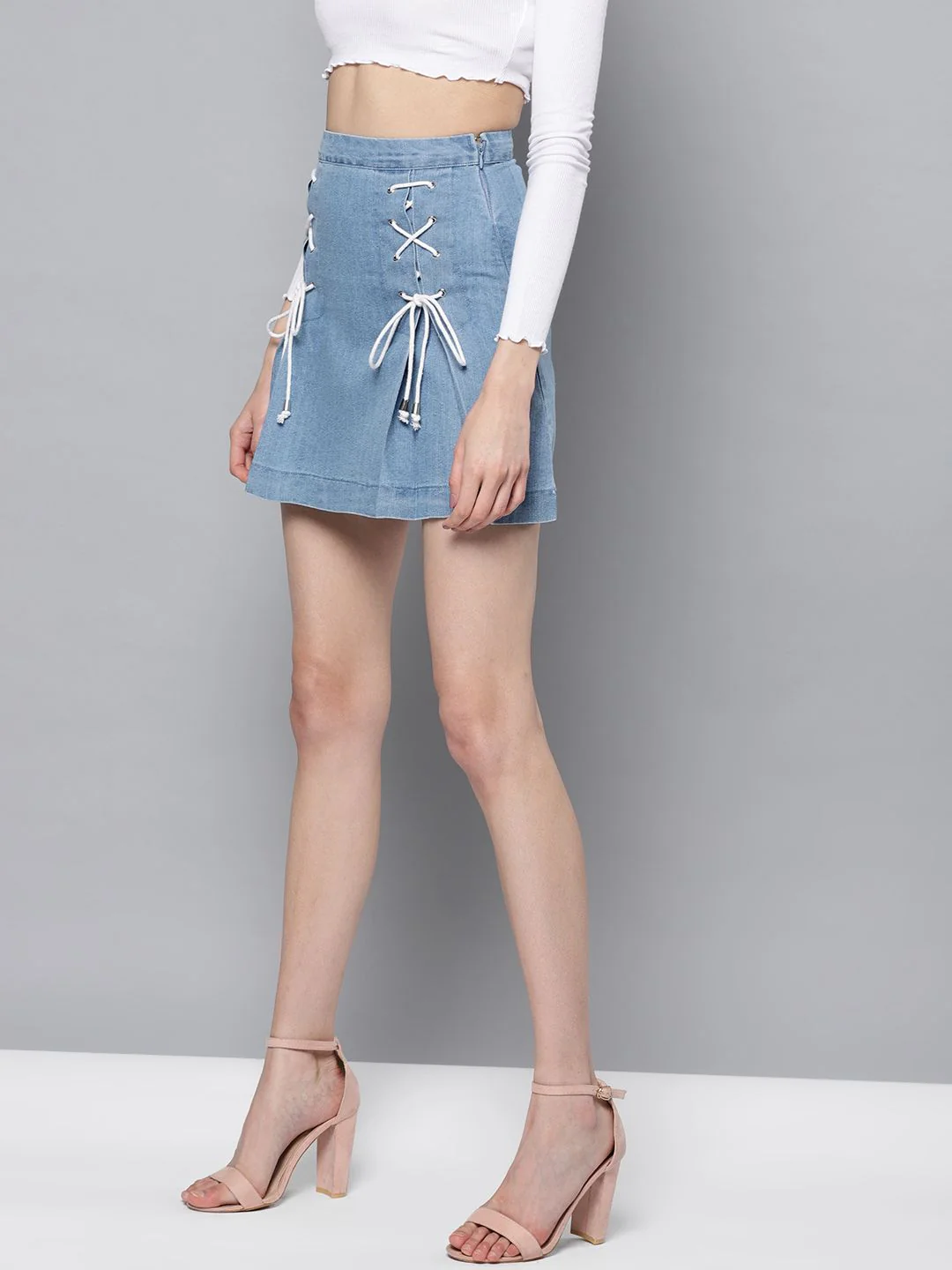 STREET 9 Blue Denim Pleated Mini A-Line Pure Cotton Skirt - Image 2