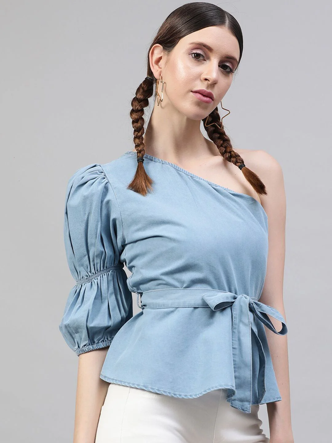 STREET 9 Blue Solid One Shoulder Indigo Pure Cotton Denim Regular Top With Belt - Image 3