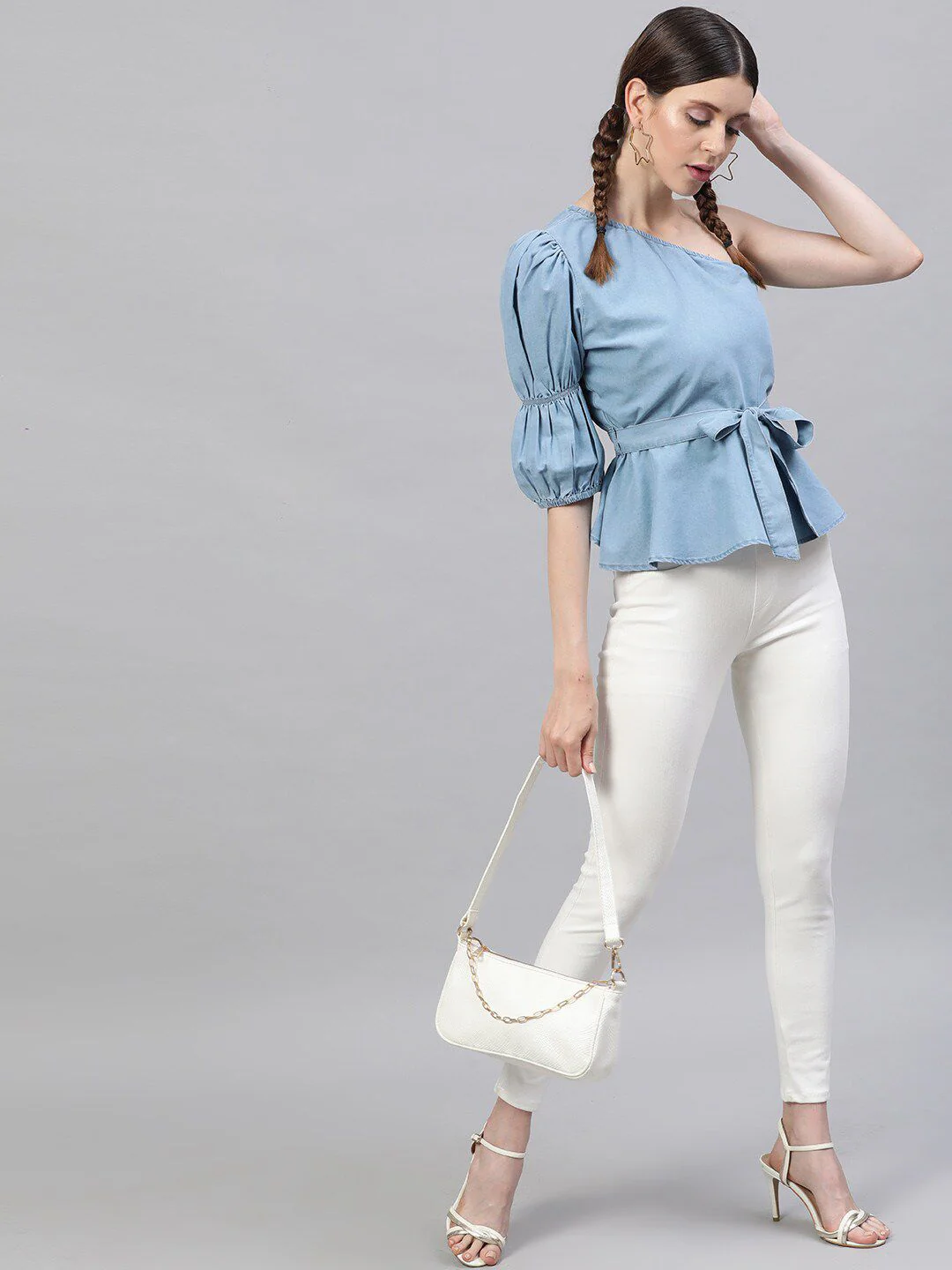 STREET 9 Blue Solid One Shoulder Indigo Pure Cotton Denim Regular Top With Belt - Image 4