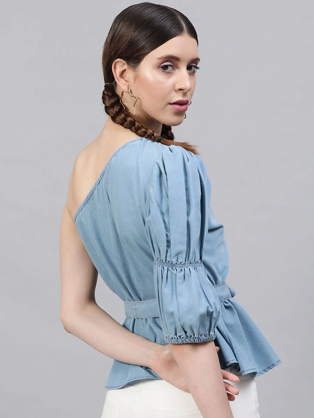 STREET 9 Blue Solid One Shoulder Indigo Pure Cotton Denim Regular Top With Belt - Image 5