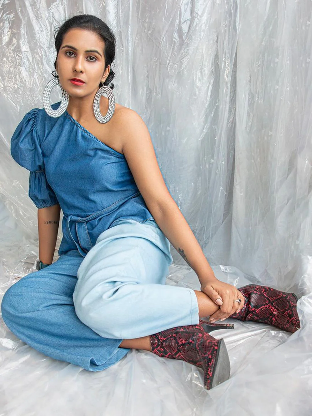 STREET 9 Blue Solid One Shoulder Indigo Pure Cotton Denim Regular Top With Belt - Image 6