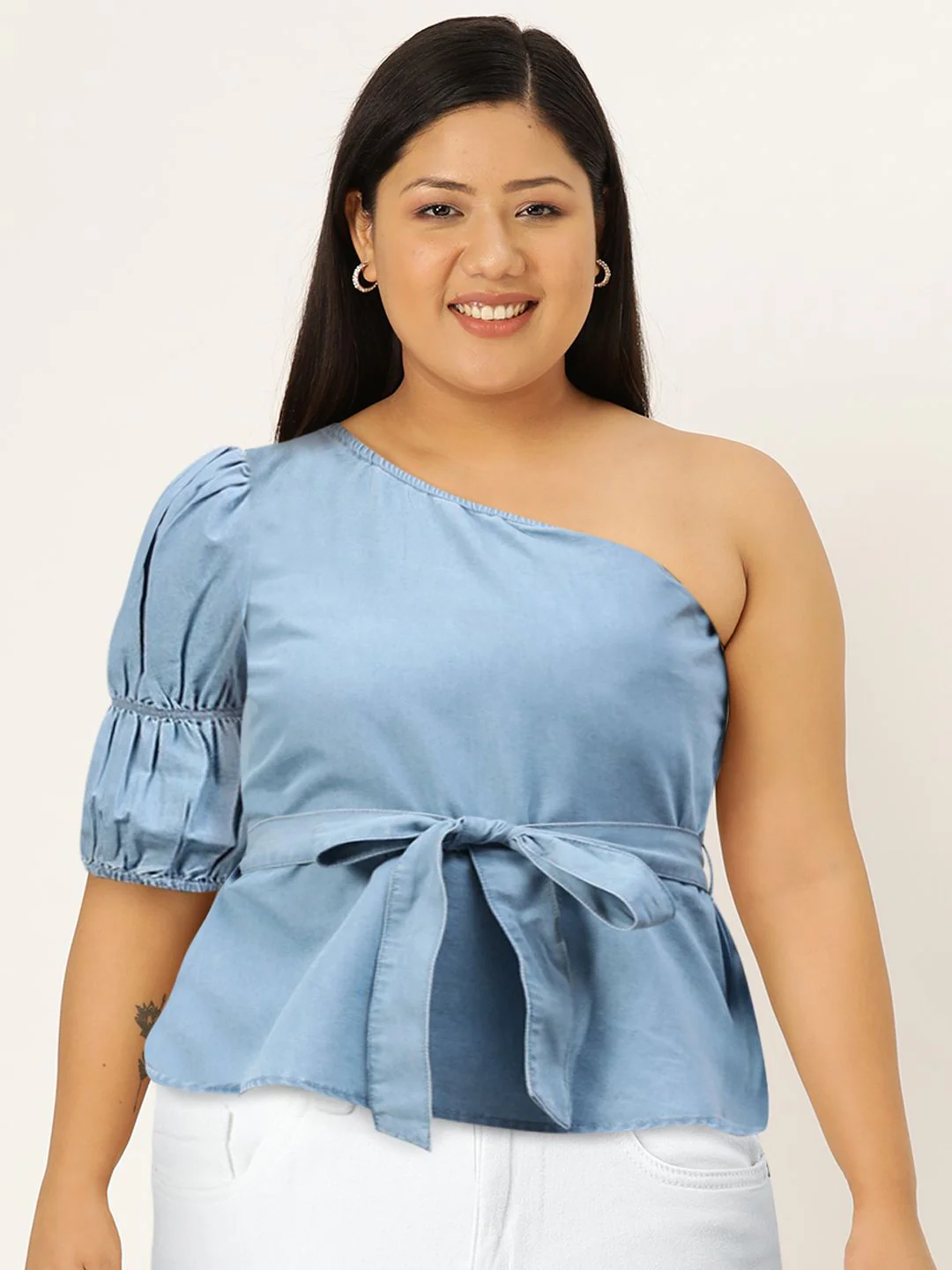 STREET 9 Blue Solid One Shoulder Indigo Pure Cotton Denim Regular Top With Belt - Image 7