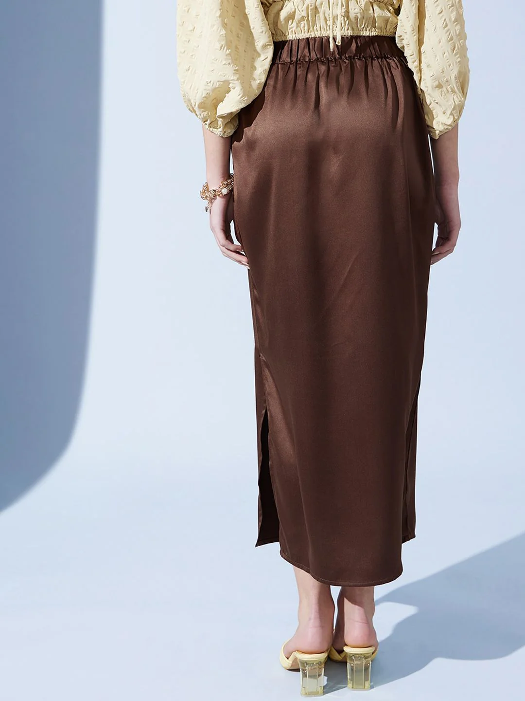 STREET 9 Brown Satin Pencil Midi Skirt - Image 3