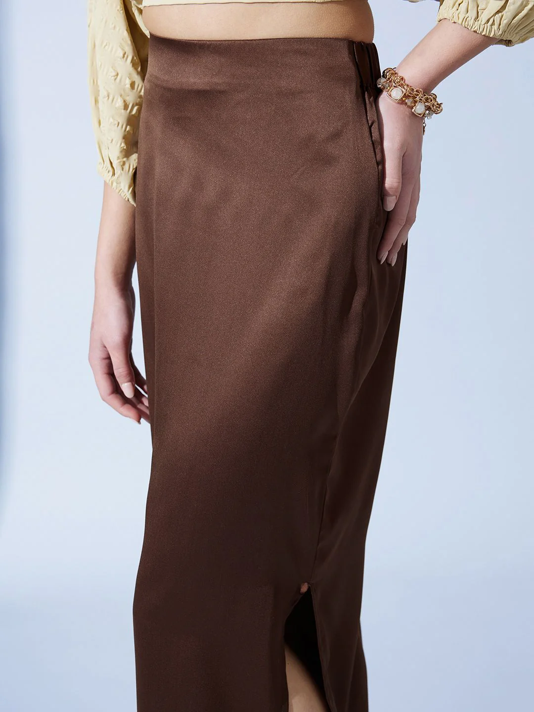 STREET 9 Brown Satin Pencil Midi Skirt - Image 4