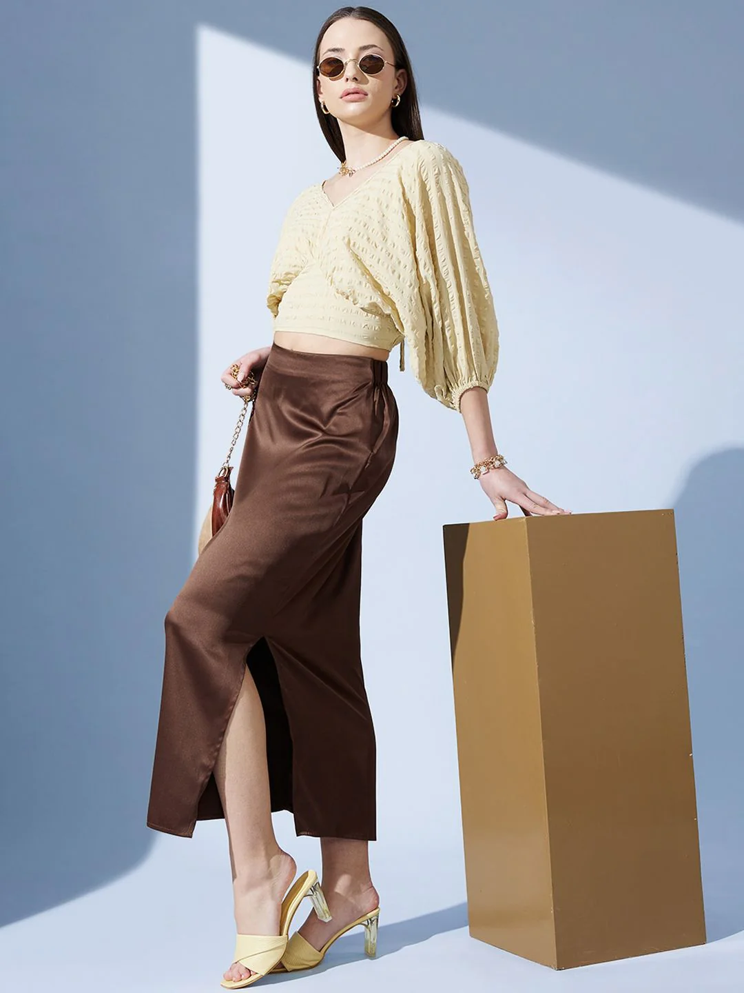 STREET 9 Brown Satin Pencil Midi Skirt - Image 5