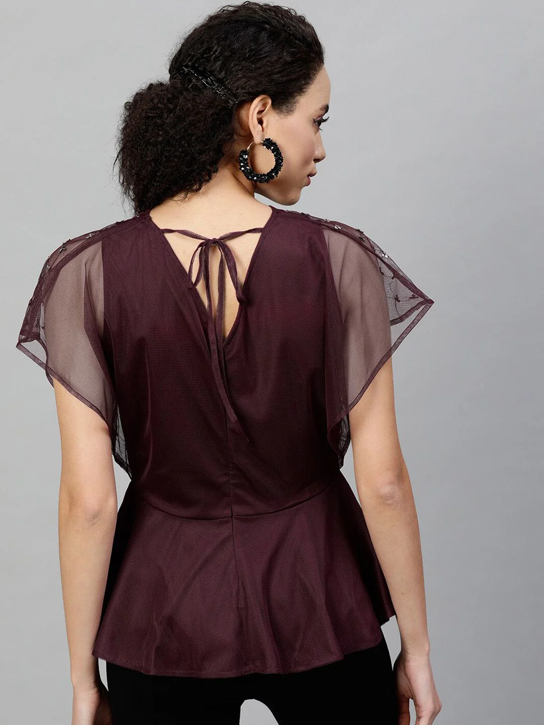 STREET 9 Burgundy Embellished Net Peplum Top - Image 10
