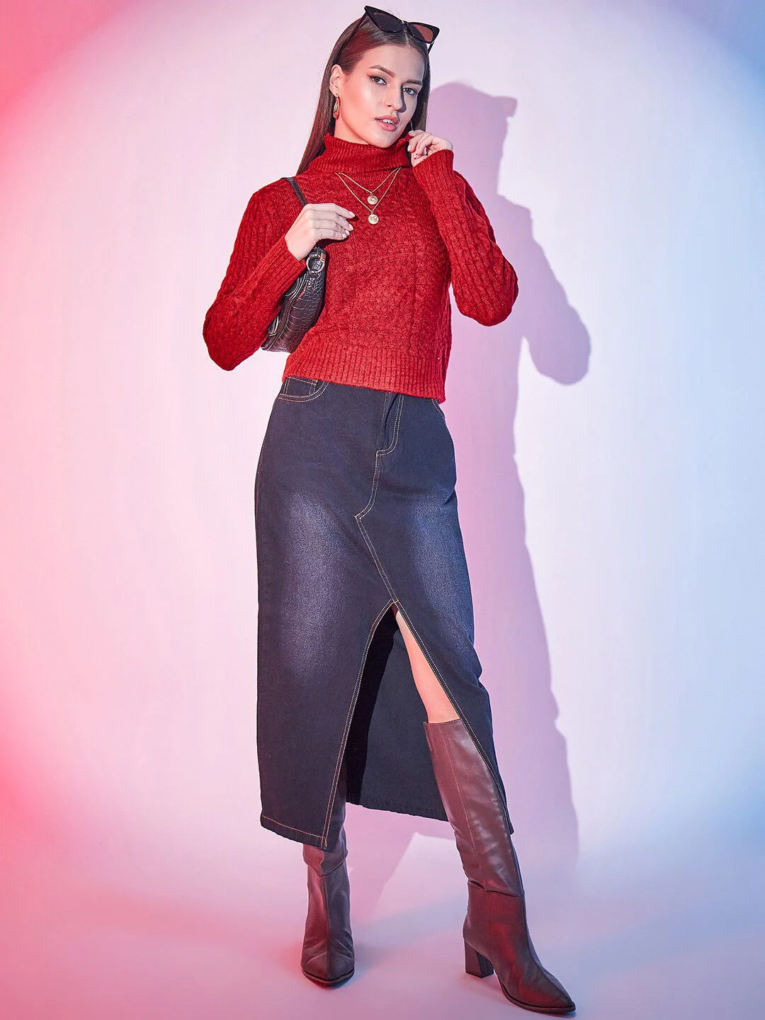 STREET 9 Cable Knit Turtle Neck Crop Acrylic Pullover - Image 4