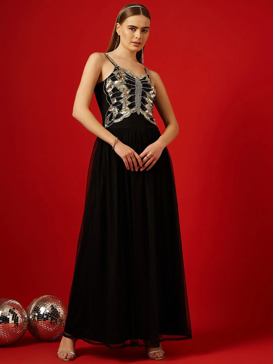 STREET 9 Embellished Shoulder Straps Net Maxi Dress - Image 3