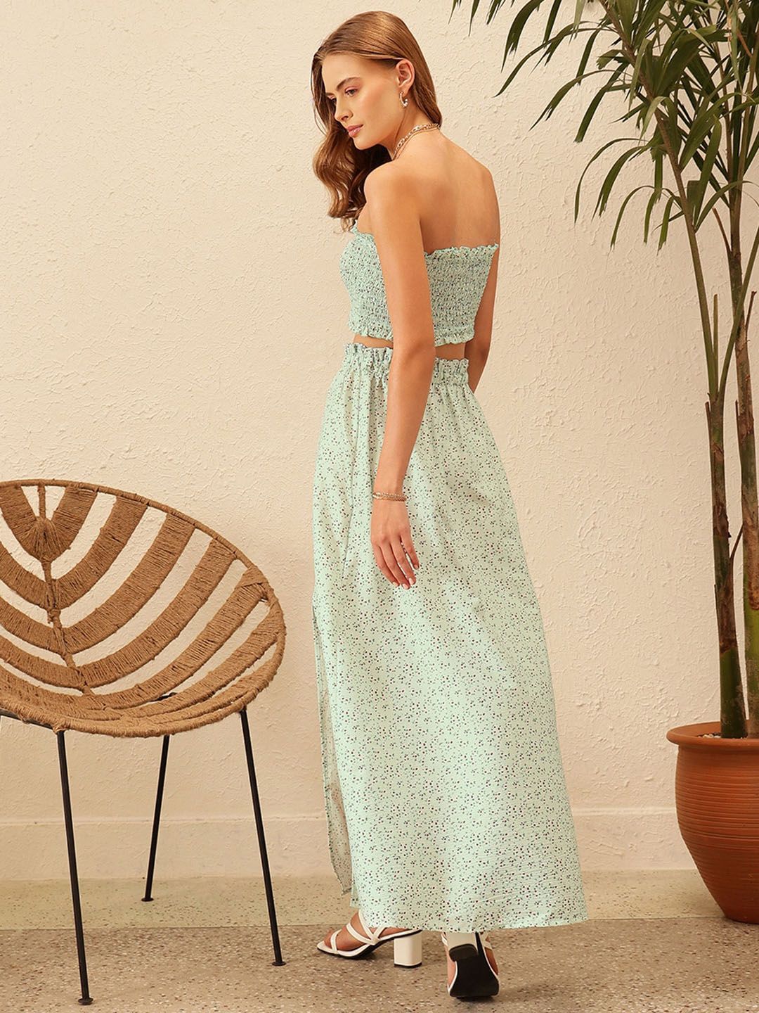 STREET 9 Floral Printed Strapless Smocked Crop Top And Skirt Co-Ords - Image 4